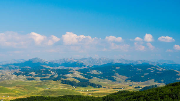 istock Summer meadows with pretty houses and hills covered 1011728734