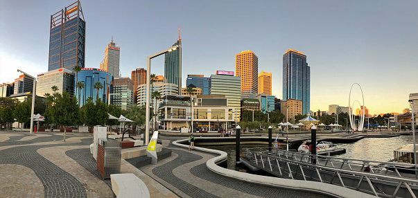 Perth, Australia - 24 February 2018 : Panoramic view of Central Business District (CBD), Skyscrapers, buildings in Perth, Australia. View from Elizabeth Quay in evening.