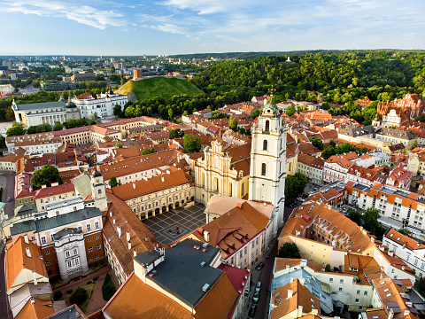 Aerial view of Vilnius Old Town, one of the largest surviving medieval old towns in Northern Europe. Sunset landscape of UNESCO-inscribed Old Town of Vilnius, the heartland of the city, Lithuania.