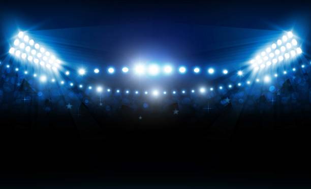 istock Football arena field with bright stadium lights vector design. Vector illumination 1011742124