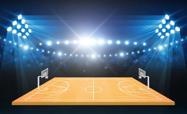 istock Basketball arena field with bright stadium lights design.match vs strategy broadcast graphic template. Vector illumination 1011743764