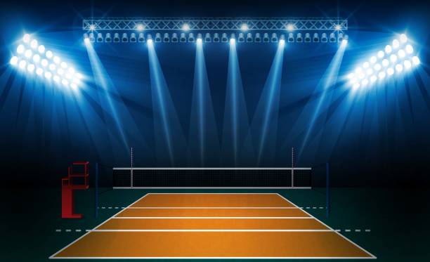 istock Volleyball court arena field with bright stadium lights design. Vector illumination 1011747660