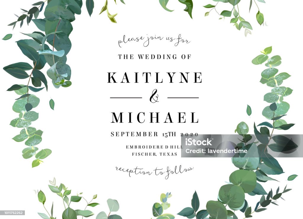 Greenery botanical wedding invitation. Herbal vector frame. Hand painted plants, branches, leaves on white background. Greenery botanical wedding invitation. Watercolor style. Natural card design. All elements are isolated and editable. Wedding stock vector