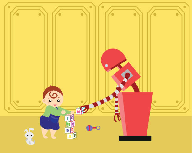 ilustrações de stock, clip art, desenhos animados e ícones de domestic robot and little kid playing with alphabet blocks. - domestic room child cartoon little boys
