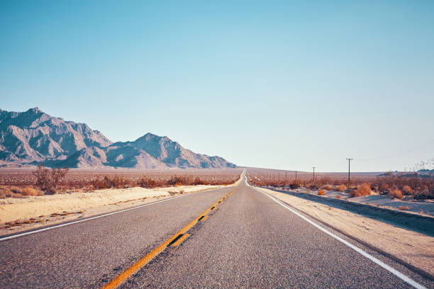 istock Retro stylized picture of a desert road. 1011756278