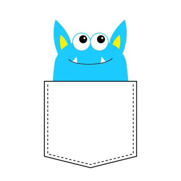 Vector illustration of Blue monster silhouette in the pocket looking up. Cute cartoon scary funny baby character. T-shirt design. Eyes, fang tooth, ears. White background. Happy Halloween. Flat design.