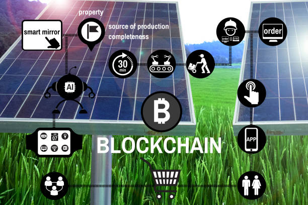 istock Blockchain concept network. Distributed technology symbols trading in the department store. The background solar cell on the paddy fields 1011763028