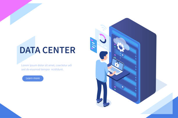 data center Data center concept with character. Can use for web banner, infographics, hero images. Flat isometric vector illustration isolated on white background. isometric cloud server stock illustrations