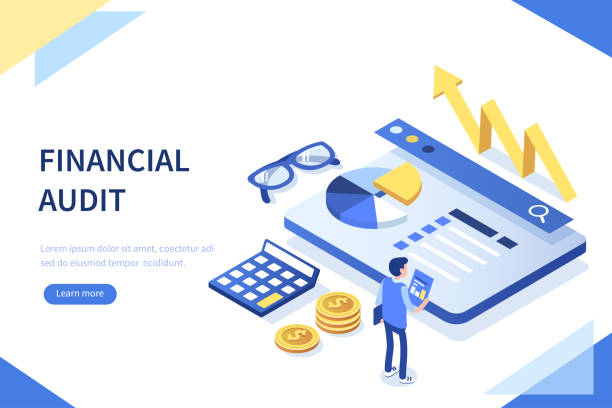 financial audit Financial audit business concept with character. Can use for web banner, infographics, hero images.  Flat isometric vector illustration isolated on white background. accountant stock illustrations
