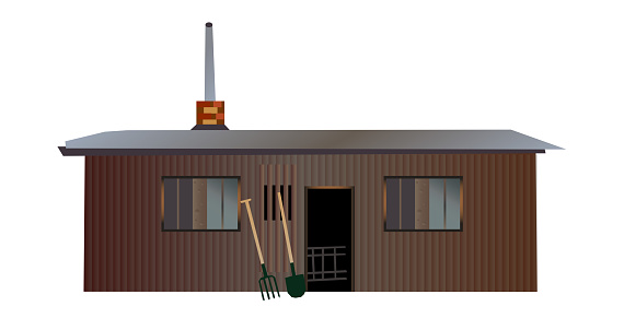 Vector old wooden garden shed with a chimney and tools (spade and shovel) isolated on white background. Big cottage.