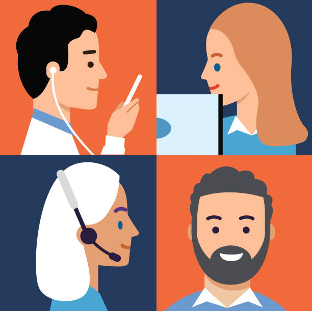 illustrazioni stock, clip art, cartoni animati e icone di tendenza di comunichiamo - white collar worker global communications side view headset