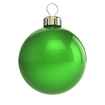 Christmas ball green New Year's Eve bauble wintertime decoration sphere hanging adornment classic. Traditional winter ornament happy holidays Merry Xmas event symbol glossy blank. 3d illustration
