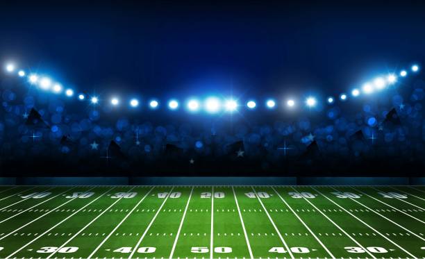 illustrations, cliparts, dessins animés et icônes de domaine arena football américain avec stade de vive lumières design. illumination de vecteur - turf