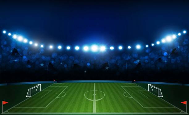 istock Football arena field with bright stadium lights design. Vector illumination 1011789680