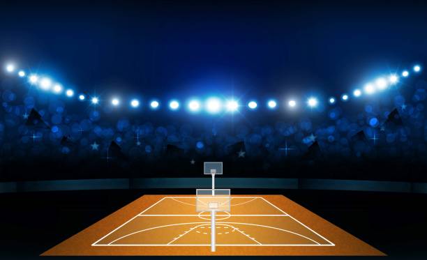 istock Basketball arena field with bright stadium lights design. Vector illumination 1011792250