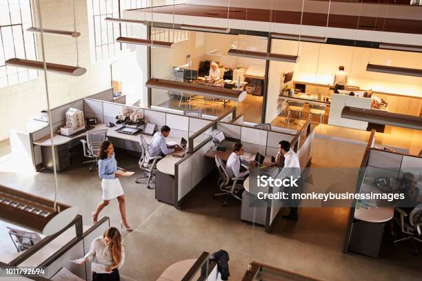 Elevated View Of A Busy Open Plan Office Stock Photo - Download Image Now - Office, Office Cubicle, People