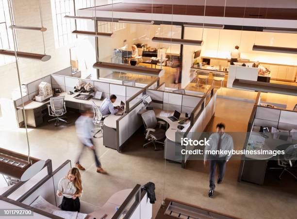 Elevated View Of Staff Working In A Busy Open Plan Office Stock Photo - Download Image Now