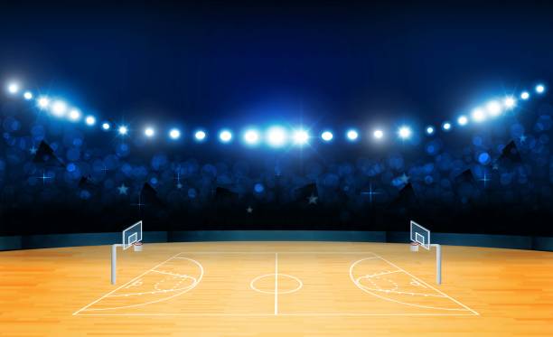 istock Basketball arena field with bright stadium lights design. Vector illumination 1011793002