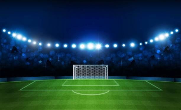 istock Football arena field with bright stadium lights design. Vector illumination 1011795984