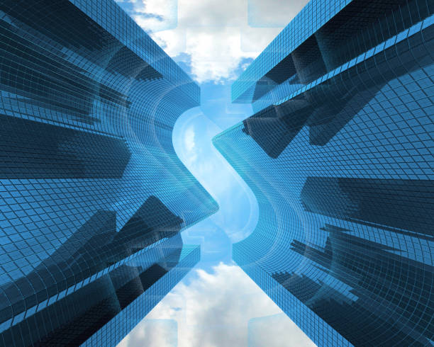 istock skyscrapers with a dollar shape against the clouds, view from below, banner. 3D illustration 1011796430