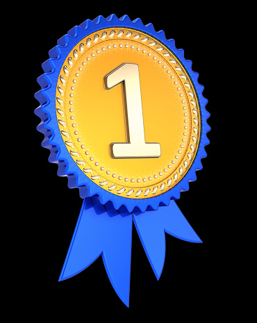 first place 1st medal golden blue, number one 1 award ribbon. champion winner reward, achievement success icon. 3d illustration. isolated on black