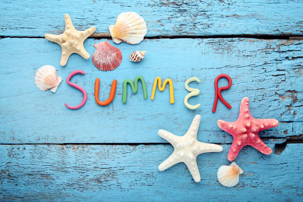 istock Inscription Summer by plasticine with seashells on blue wooden table 1011805536