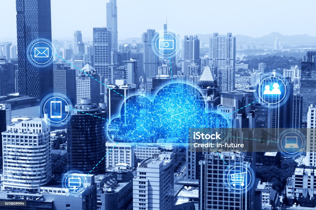 Cloud computing concept and big data Cloud Computing, Cloud Concept，Architecture,Big data,City,Information Cloud Computing Stock Photo