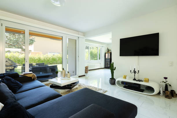 istock Modern living room with large dark sofa 1011810460