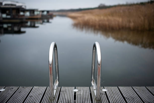 Saxony-Anhalt, Germany: Detail of a ladder on a boat dock in gray weather.
