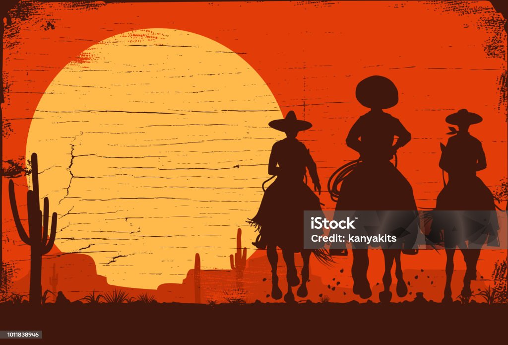 Silhouette of three Mexican cowboys riding horses on a wooden board EPS 10 Cowboy stock vector