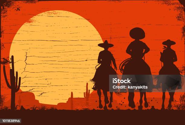Silhouette Of Three Mexican Cowboys Riding Horses On A Wooden Board Stock Illustration - Download Image Now