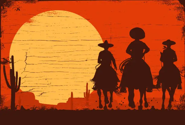 Vector illustration of Silhouette of three Mexican cowboys riding horses on a wooden board