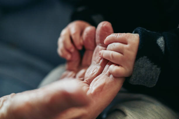 Our lives have become a lot more precious together Closeup shot of a baby holding their grandparent's hand old hands stock pictures, royalty-free photos & images