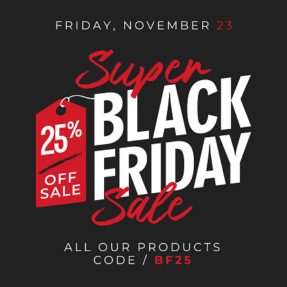 25% off sale black friday super sale banner background with price tag symbol. online shop flyer promotion template design. vector illustration.