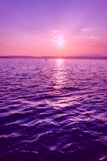 Beautiful Purple Sunset With Boat On Lago Di Garda Italy Stock