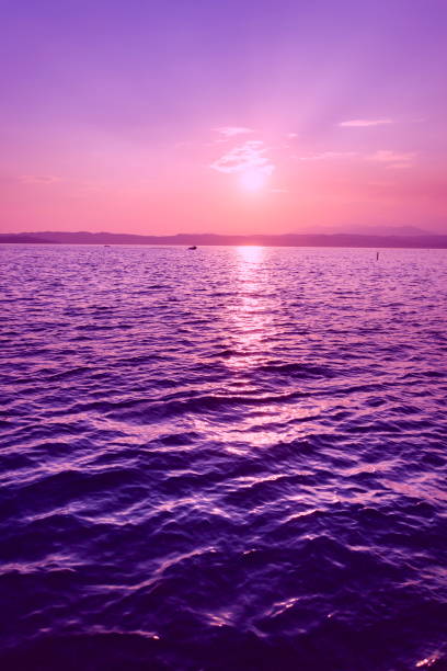 красивый фиолетовый закат с лодкой на лаго ди гарда, италия - lake garda sunset blue nautical vessel стоковые фото и изображения