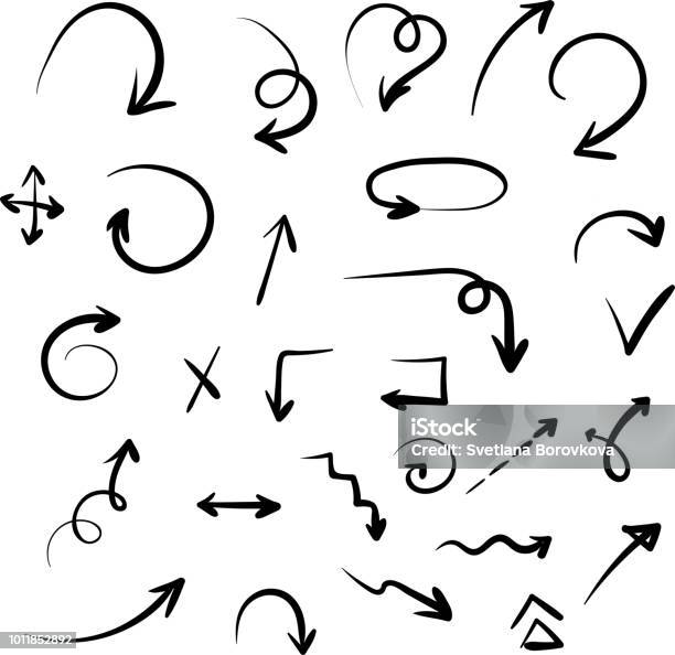 Black Handdrawn Arrows Isolated On White Stock Illustration - Download Image Now - Arrow Symbol, Arrow - Bow and Arrow, Handwriting