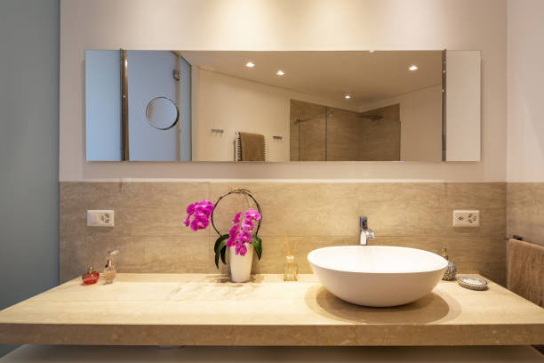 white and green flower vase decorate on wash basin in white interior restroom house design