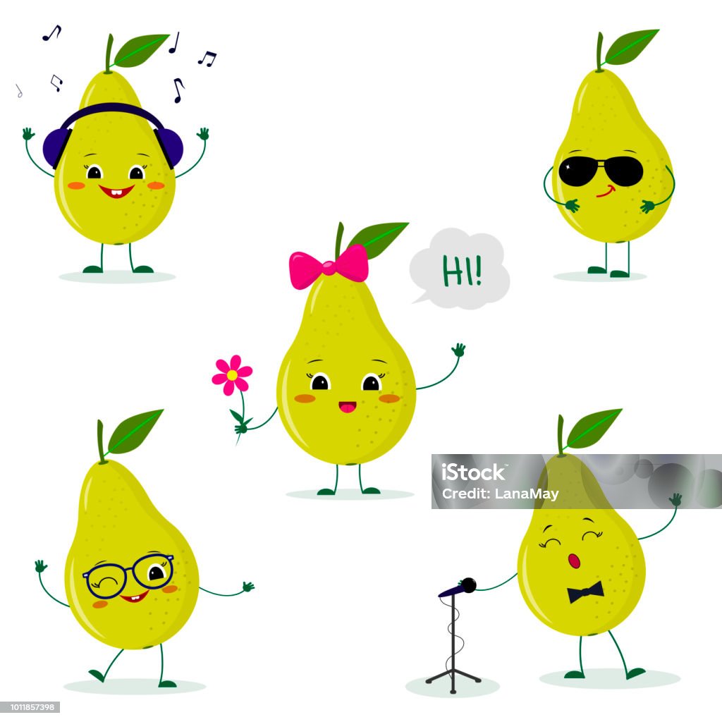 A set of five cute green pear characters in different poses and accessories in cartoon style A set of five green pear cartoon characters in different poses and accessories. In headphones, in sunglasses, dancing in glasses , with a flower, singing into the microphone. Flat, vector. Animal Body Part stock vector