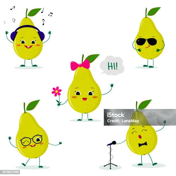 A Set Of Five Cute Green Pear Characters In Different Poses And Accessories In Cartoon Style Stock Illustration - Download Image Now