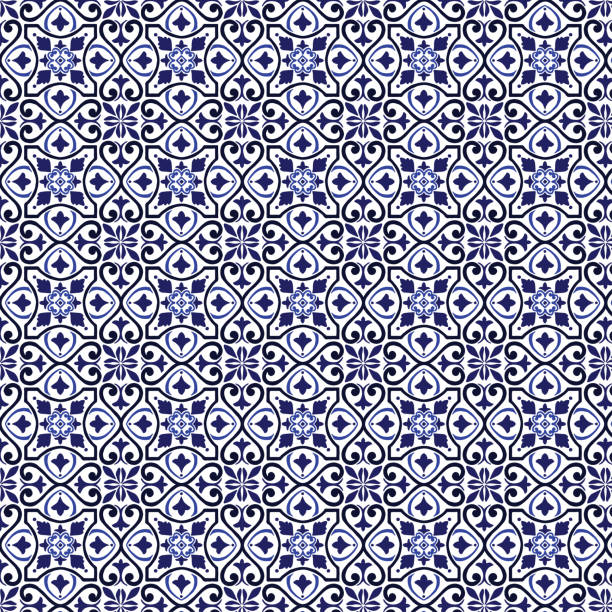 wzór płytek wektorowych, mozaika z arabskiego kwiatu lizbony, śródziemnomorska błękitna ozdoba z bezszwową granatową - background tile stock illustrations