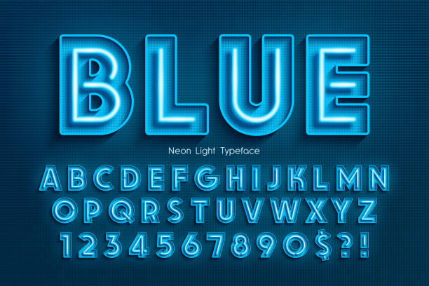 ilustrações, clipart, desenhos animados e ícones de alfabeto 3d, extra brilhante fonte de luz néon. - alphabet blue sign symbol