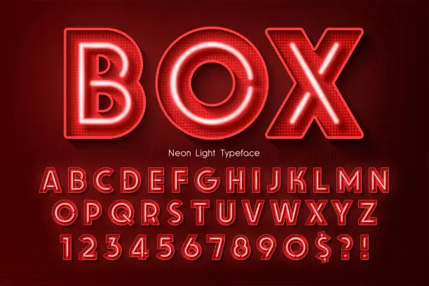 Vector illustration of Neon light 3d alphabet, extra glowing font.