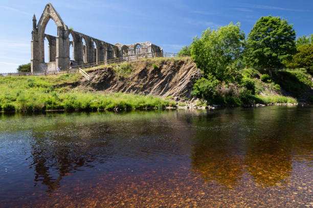 Bolton Priory by The River Wharfe on a sunny day. The River Wharfe with Bolton Abbey in the background,Skipton,North Yorkshire,England,UK. river wharfe stock pictures, royalty-free photos & images