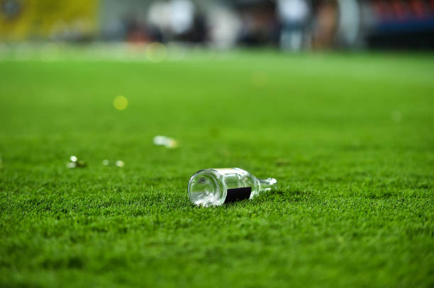 istock Plastic trash can on the turf on a soccer field 1011868032
