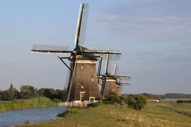 trois moulins à vent sur une rangée de garder le driemanpolder sécher dans stompwijk, leidschendam, pays-bas - leidschendam photos et images de collection