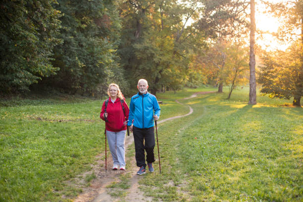 istock Senior couple walking in forest 1011871558