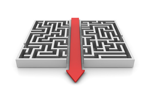 Maze with Arrow Shortcut Solution - White Background - 3D Rendering