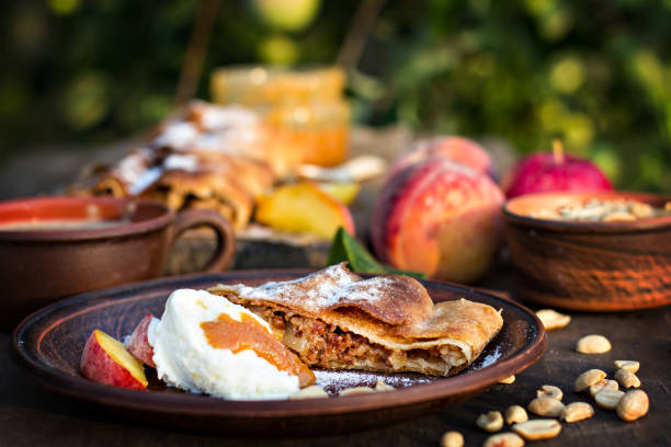 istock strudel with peaches, apples and peanuts 1011887974