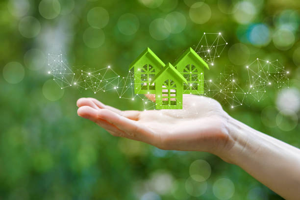 istock Hand shows a green house model. 1011893216